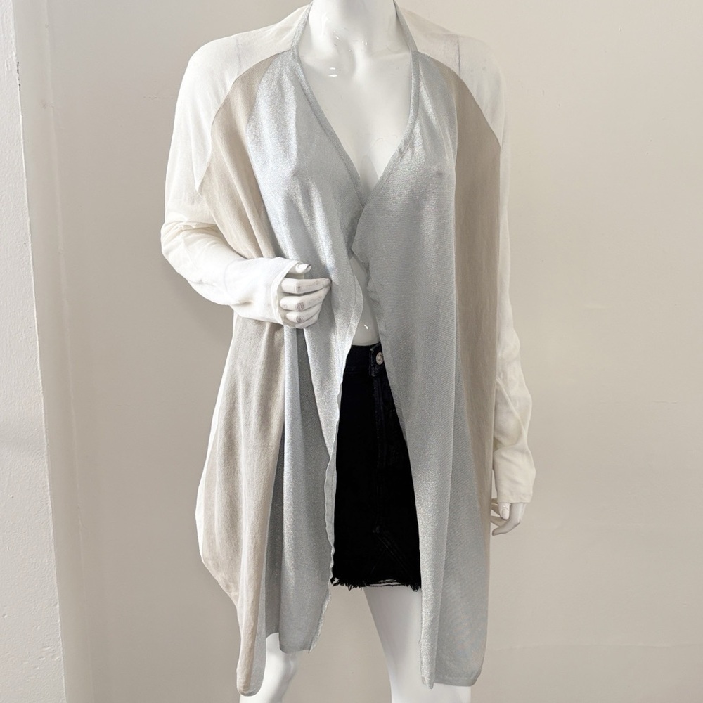 Escada Sport White Tan & Silver Metallic Panel Open Front Flowy Cardigan Sweater